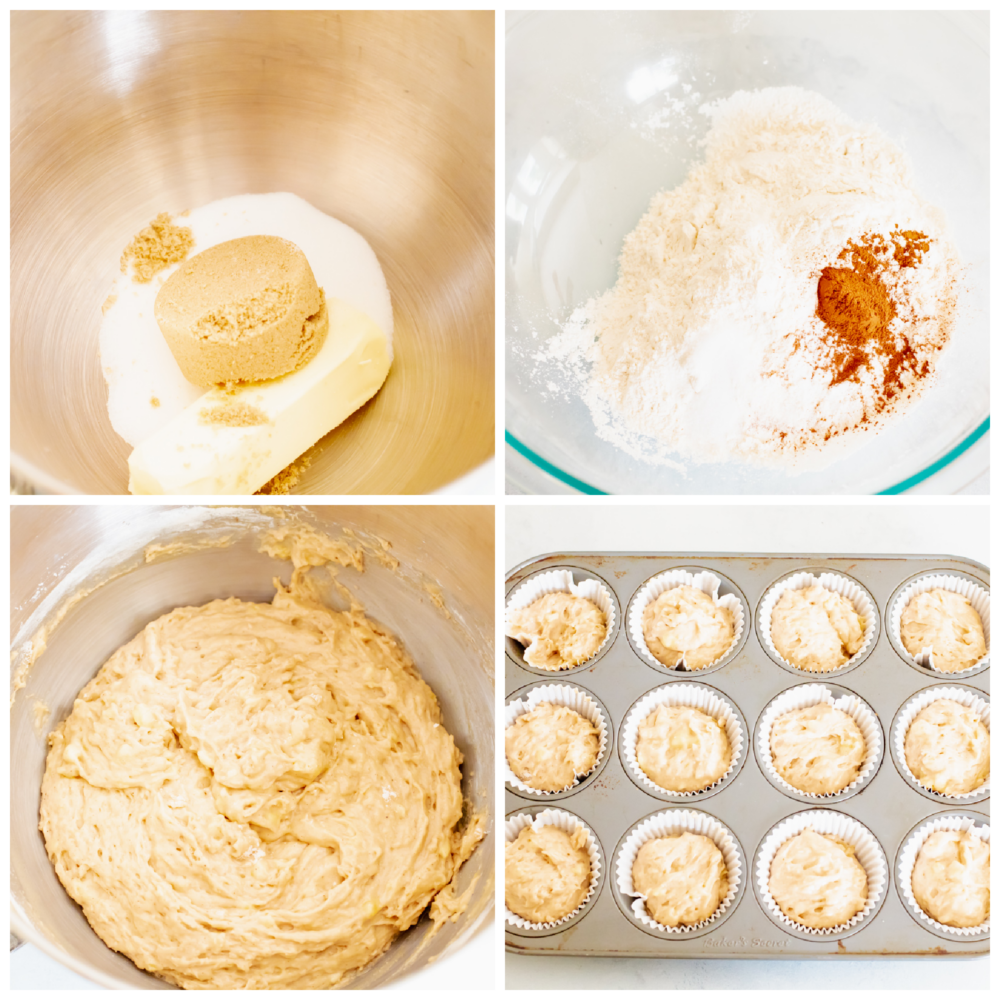 Homemade banana cupcakes that are extra fluffy and moist are the ultimate dessert! Swirled on top is a tangy cream cheese frosting that makes these so perfect, you won't be able to stop at just one! 4 pictures showing the steps to making banana cupcakes.