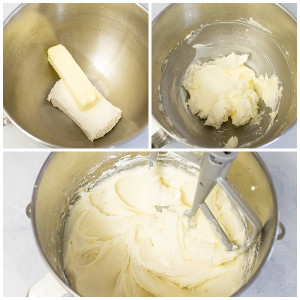 Cream cheese frosting that is insanely delicious and piped to perfection is exactly what this recipe is! It tastes amazing, looks beautiful AND it's super easy to make! 3 images showing how to mix frosting.
