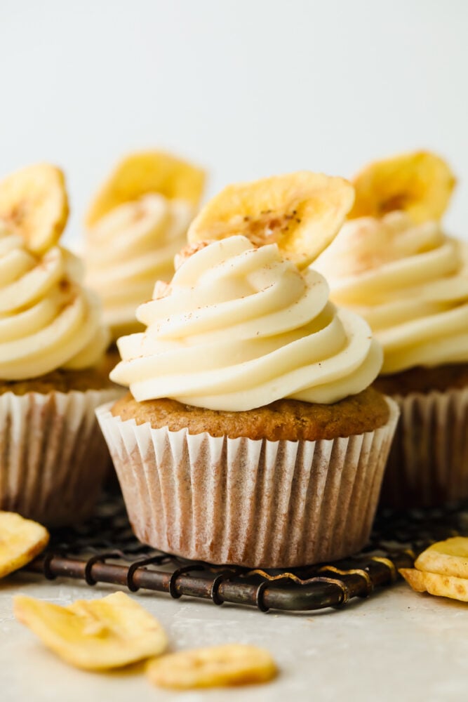 Homemade banana cupcakes that are extra fluffy and moist are the ultimate dessert! Swirled on top is a tangy cream cheese frosting that makes these so perfect, you won't be able to stop at just one! Banana cupcakes with cream cheese frosting topped with a single, dried banana.