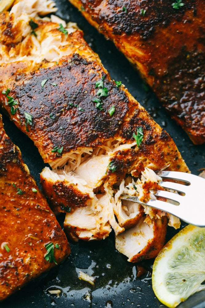 Easy and Amazing Blackened Salmon is a foolproof way to cook restaurant-worthy salmon at home! The salmon is tender and flakey and packed with flavor that is going to wow your taste buds! Flaking of tender bites of salmon with a fork.