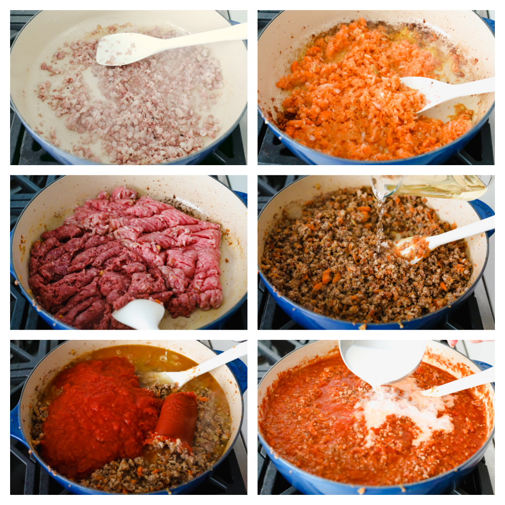 Bolognese sauce is heavenly and boy is the texture is something to write home about! With some love and patience, this sauce will turn out to be a work of art and TOTALLY worth the time you put into it!! 6 pictures of the process of putting together the ingredients of the sauce.