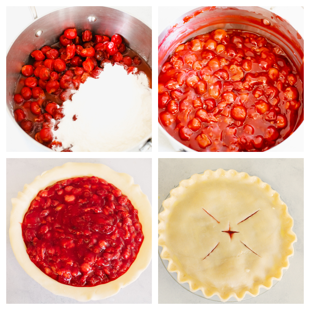 Homemade cherry pie is about as classic as they come and this recipe is no exception! Absolutely delicious, this mouthwatering pie has a tart filling and flaky crust that is so tasty that you won't be able to stop at just one slice! 4 pictures showing how the cherry pie filling is made and placed into a pie crust.