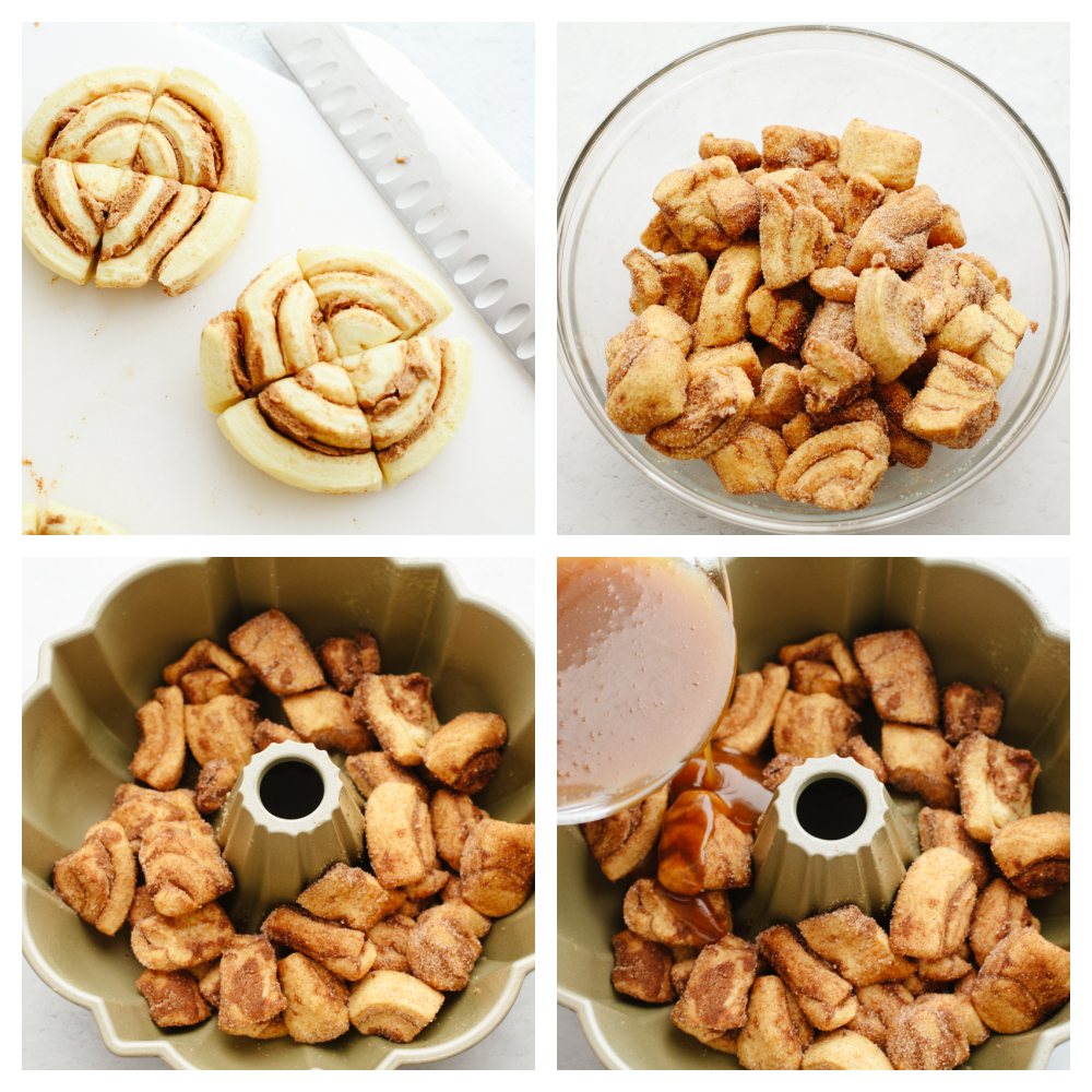 Cinnamon roll monkey bread is the easiest pull-apart dessert! It is amazingly soft, warm, and layered in decadent icing. Process shots of preparing rolls and cinnamon sugar glaze.
