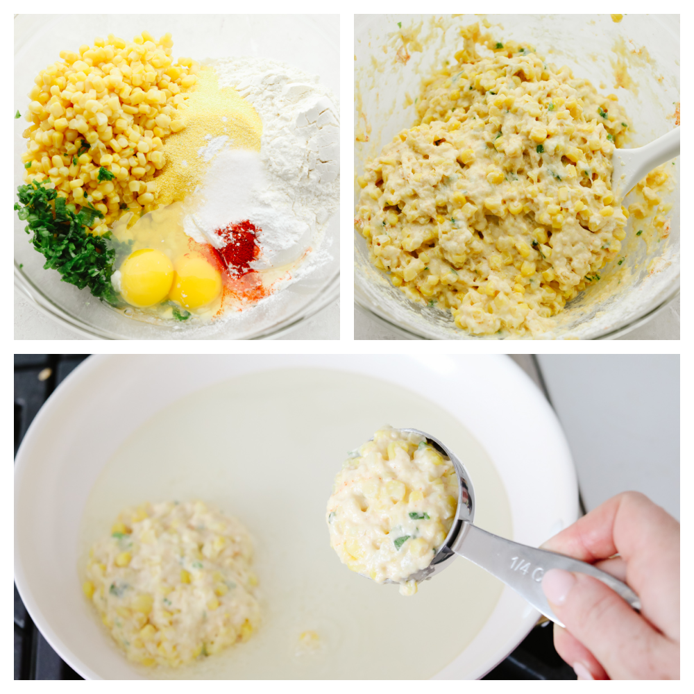 Corn Fritters are the best combination of savory tastes that are cooked to golden brown perfection! Crispy on the outside with a soft and tender inside, these are insanely delicious! 3 pictures showing step by step how to make corn fritter batter.