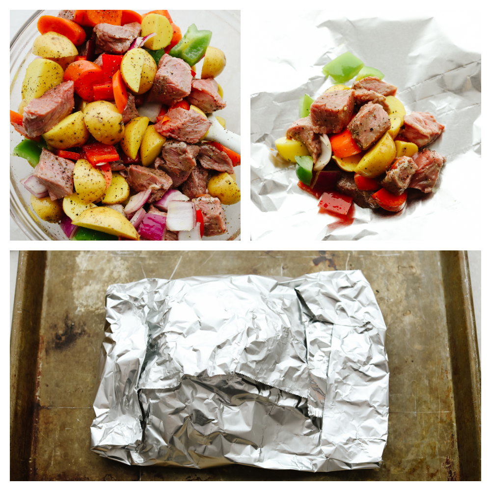 Butter Garlic Herb Steak Foil Packets have melt in your mouth beef with hearty veggies that are grilled to perfection with butter that has garlic and herbs inside. This is one amazing meal that you don't want to miss out on! 3 photos showing how to combine the meat and vegetables in foil packets.