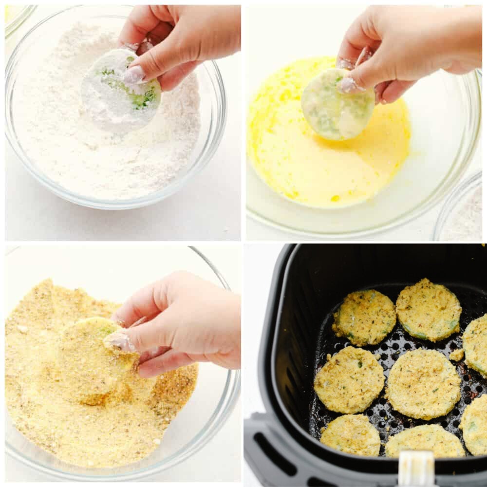 Air fryer fried green tomatoes are insanely delicious! Crispy on the outside and tender and juicy on the inside, these tomatoes will knock your socks off! 4 pictures showing the steps to make fried green tomatoes.