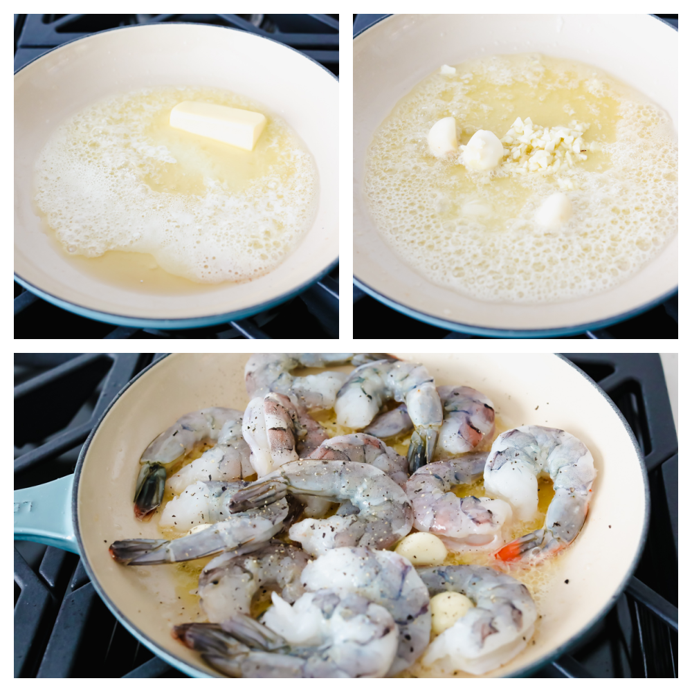 Garlic, butter, and shrimp. It doesn't get much tastier than those three ingredients! Combine them together and you will have a melt in your mouth, smack your lips kind of food that you will go back to over and over again! 3 pictures of melting butter and cooking shrimp.