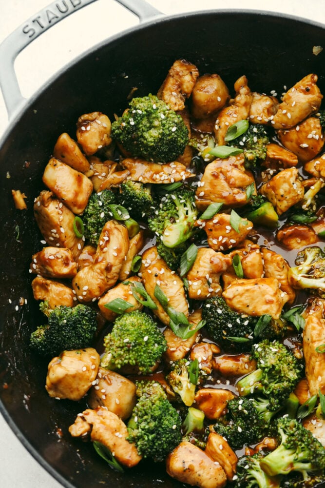 Stir-fried chicken and broccoli are topped with a mouthwatering Hoisin sauce glaze in this super easy recipe. Loaded with amazing Cantonese flavor, hoisin chicken is going to become a new regular in your dinner rotation! Chicken and broccoli topped with sauce in a skillet.