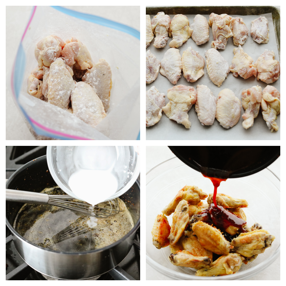 Sticky honey garlic wings are incredibly delicious and an excellent appetizer for absolutely any event or party! They have a mouthwatering, sweet taste that will keep you snacking all night long! 4 pictures that show buffalo wings being coated, cooked and drizzled in sauce.