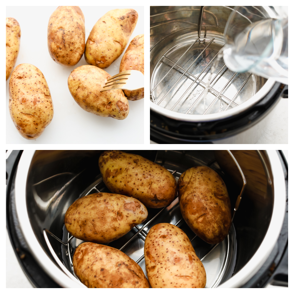 Using an Instant Pot is the best way to achieve the perfect baked potato every time! You are going to love how fluffy, golden, and easy to make these Instant Pot baked potatoes are! Process shots of adding potatoes to Instant Pot.