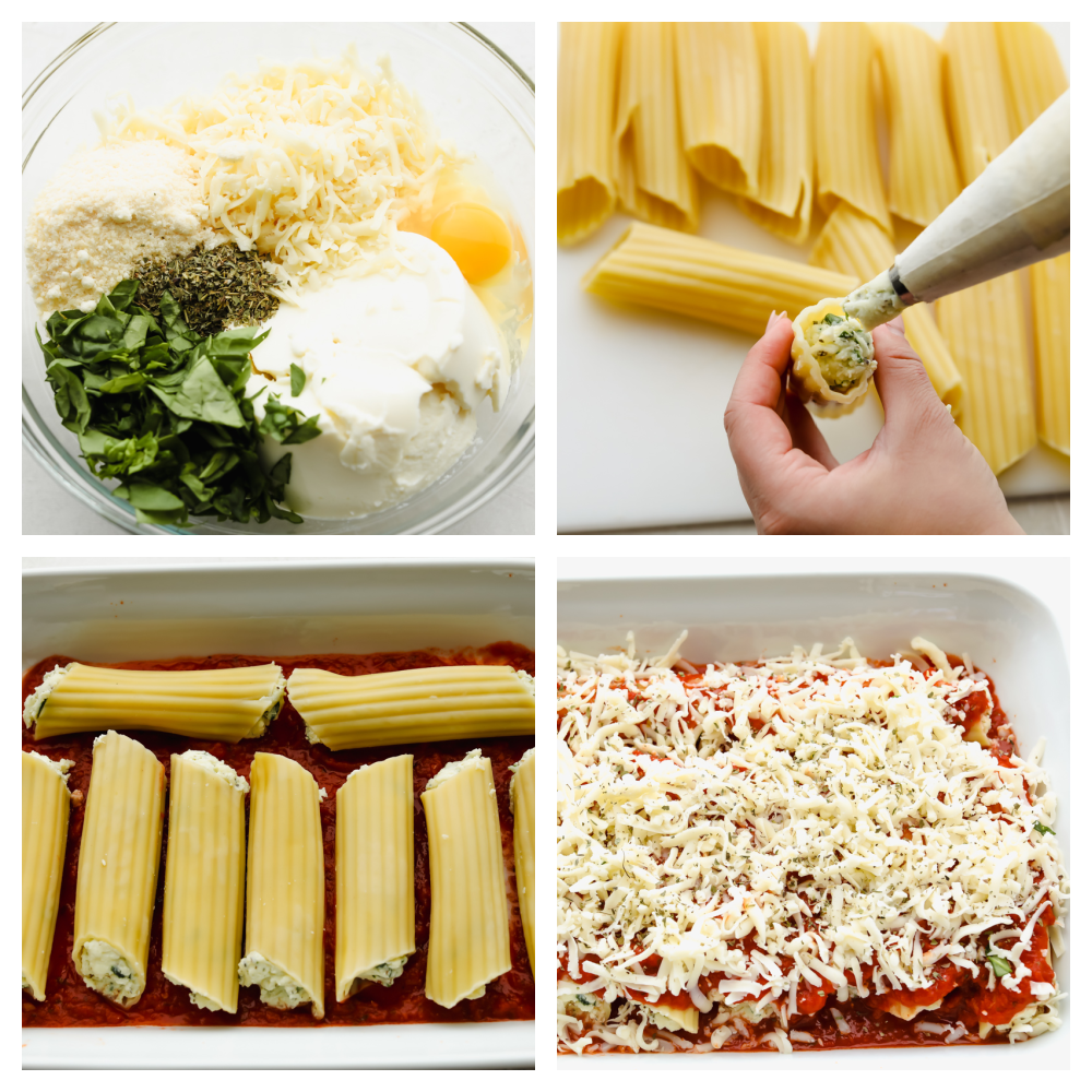 This manicotti is filled with 3 kinds of cheese and baked to absolute perfection! It's comfort food at its finest that everyone will go crazy over! It's definitely sure to please a large crowd! 4 pictures showing steps to mixing and stuffing pasta.