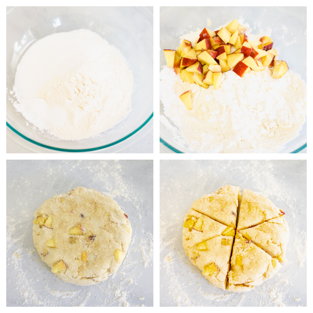 Peach Scones are quite literally summer wrapped in a flakey buttery tender scone. Super ripe sweet peaches are the star of these treats, topped with a sweet vanilla glaze! The dry ingredients, adding the peaches and forming a dough with wedges.