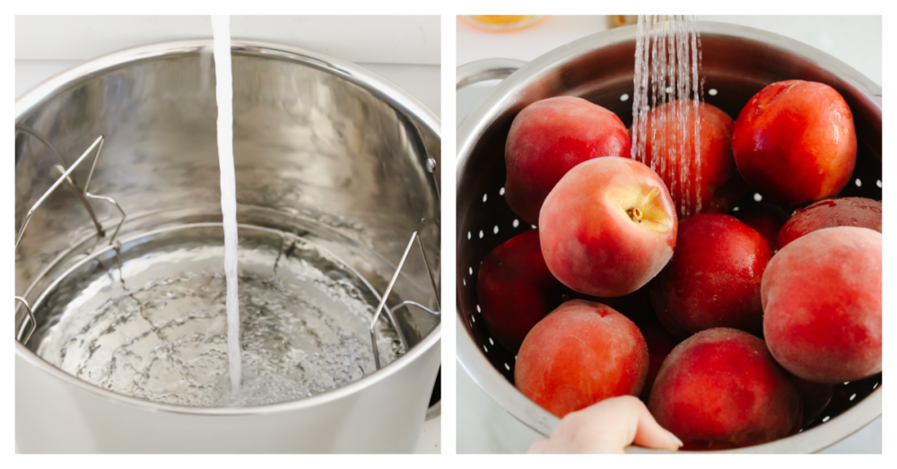 This in-depth guide to canning peaches gives you everything you need to know to have delicious peaches on hand year-round! It is easier than you would think and yields the sweetest, most delicious results each time. Process shots of washing peaches
