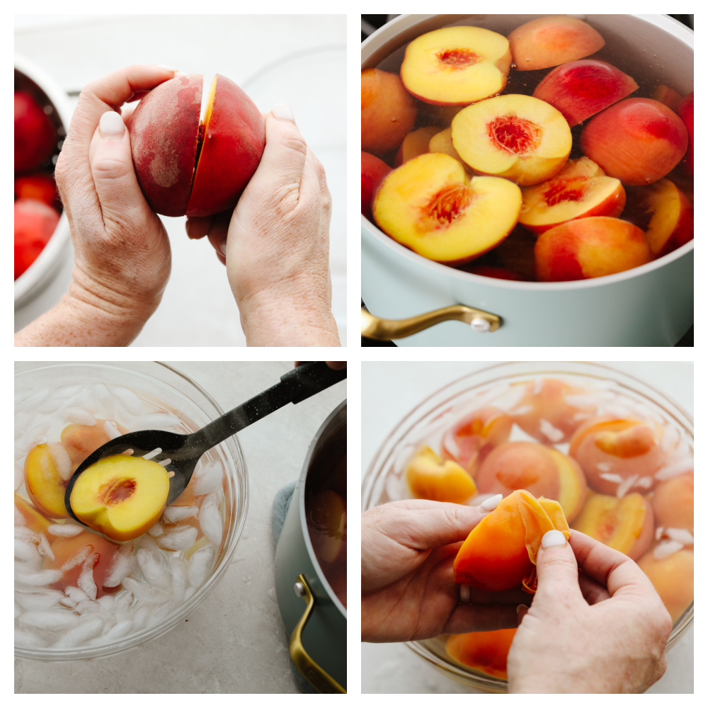 This in-depth guide to canning peaches gives you everything you need to know to have delicious peaches on hand year-round! It is easier than you would think and yields the sweetest, most delicious results each time. Preparing peaches for canning.
