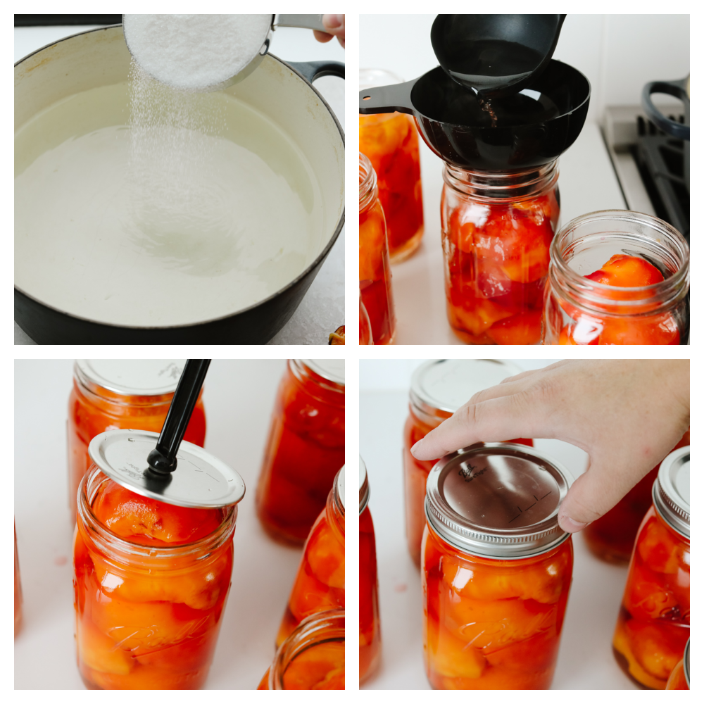 This in-depth guide to canning peaches gives you everything you need to know to have delicious peaches on hand year-round! It is easier than you would think and yields the sweetest, most delicious results each time. Process shots of preparing syrup and filling jars.