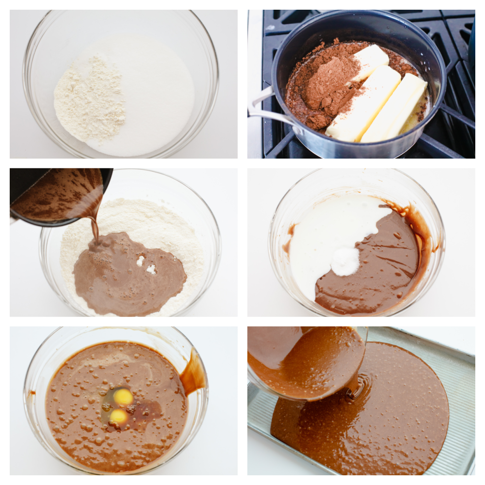 Texas sheet cake is the chocolate dessert that dreams are made of!! It's so moist, chocolatey and rich that you won't know what hit you when you take a bite! 6 images showing the steps to baking a sheet cake.