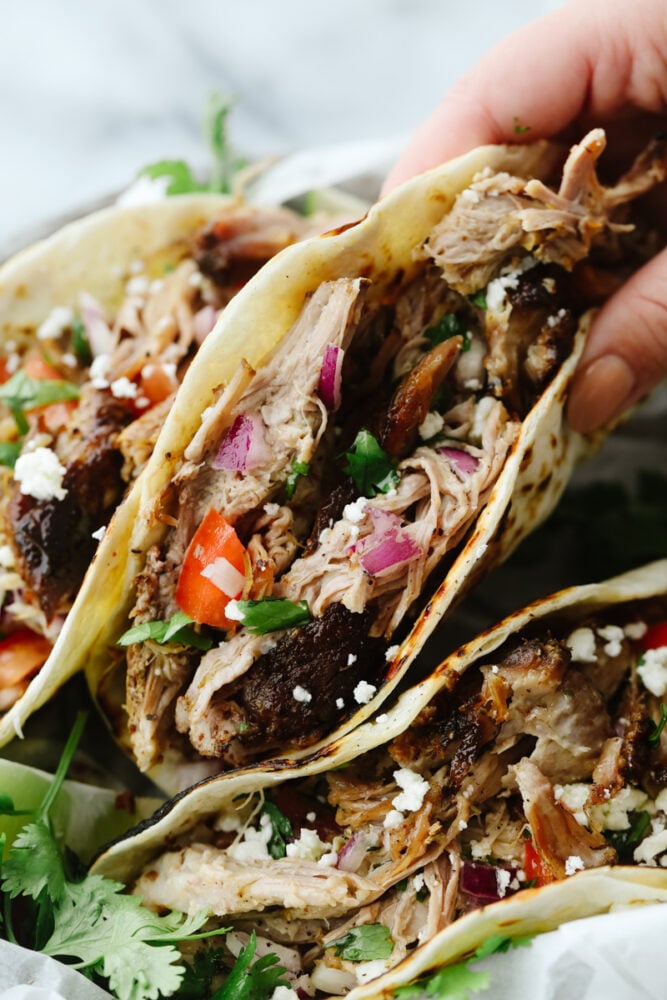 Pork carnitas tacos are mouthwatering, juicy, and insanely delicious! They will satisfy even the pickiest of eaters and everyone will keep coming back for more! A hand holding a pork carnita taco.