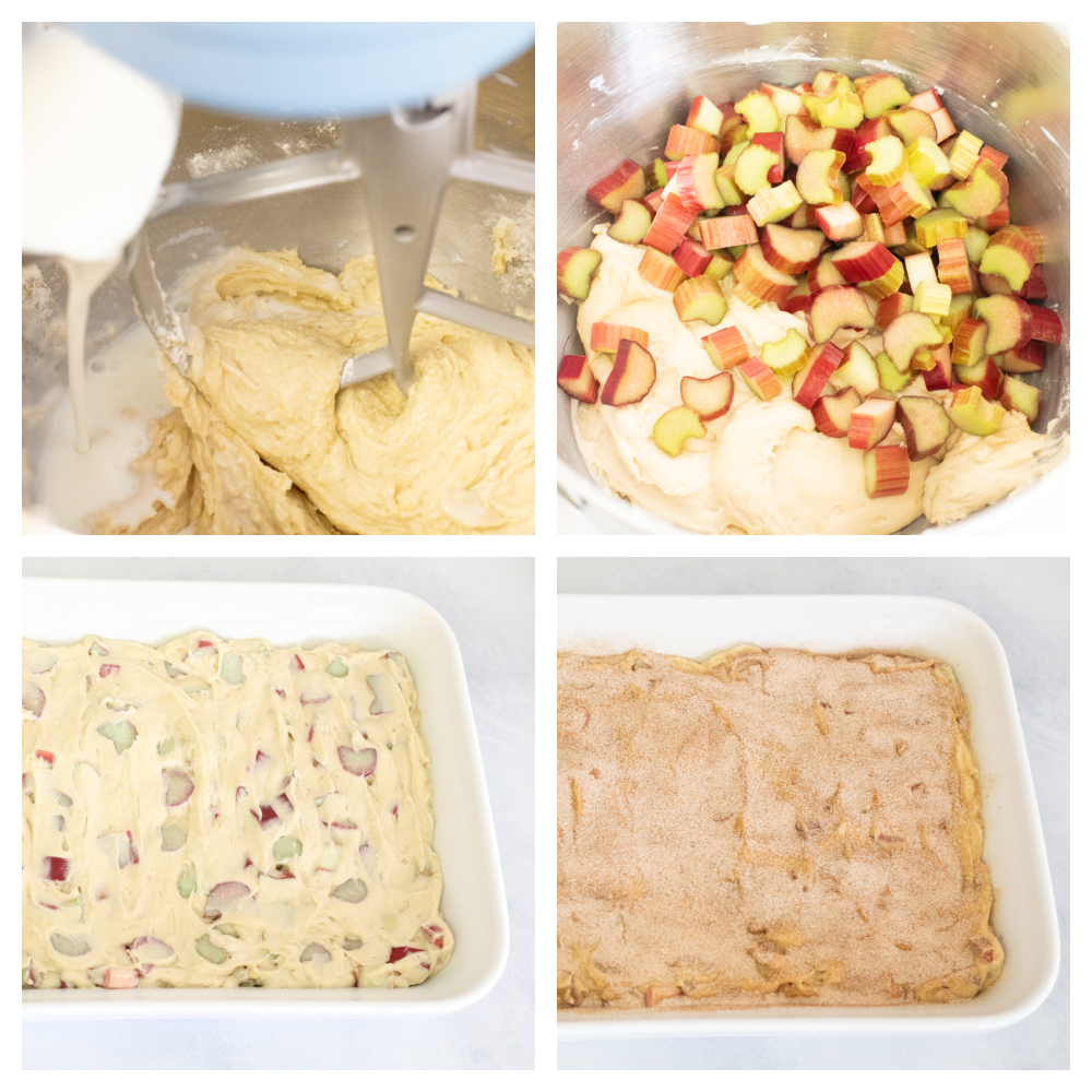 Cinnamon sugar rhubarb cake is a real crowd pleaser! The complementary ingredients of sweet and tart are incredible and are really going to knock your socks off! 4 images showing stepson how to mix and make cinnamon sugar rhubarb cake.