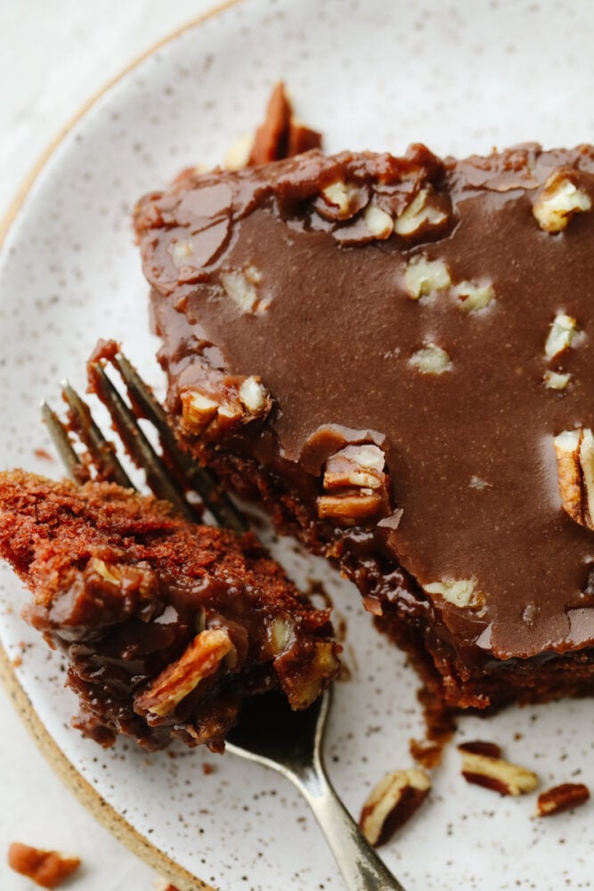 Texas sheet cake is the chocolate dessert that dreams are made of!! It's so moist, chocolatey and rich that you won't know what hit you when you take a bite! Sheet cake on a plate being cut with a fork.