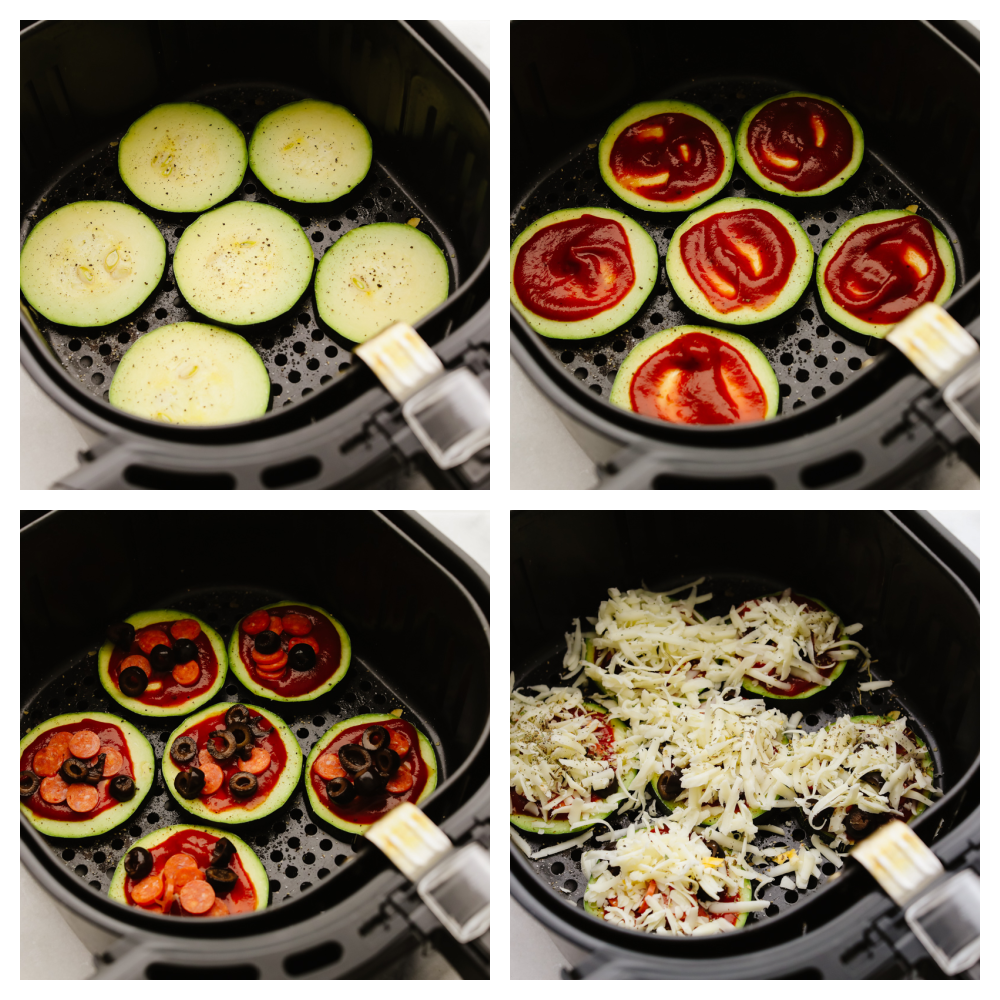 Air Fryer Zucchini Pizza Bites are the perfect low-carb way to eat your pizza and love it too! Quick and easy these make a perfect snack, appetizer, or light meal any time of the week! Zucchini slices in the air fryer and being topped with sauce, pepperoni, olives and cheese.