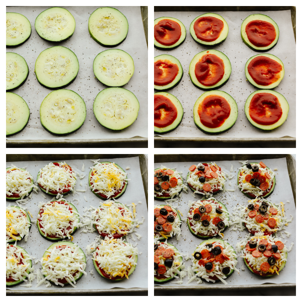 These melty, cheesy zucchini pizza bites have all the goodness of pizza without the carbs! In just 15 minutes, you have a tasty appetizer that you can feel great about eating! Adding sauce and pizza toppings to zucchini slices.