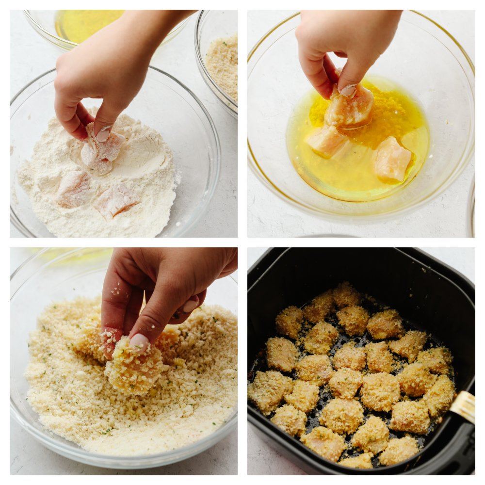 Air fryer chicken nuggets are absolute perfection! They are crispy on the outside, tender on the inside, and are just waiting to be dipped in any of your favorite sauces! Your family will go crazy over them! 4 pictures showing how to coat and cook chicken nuggets.