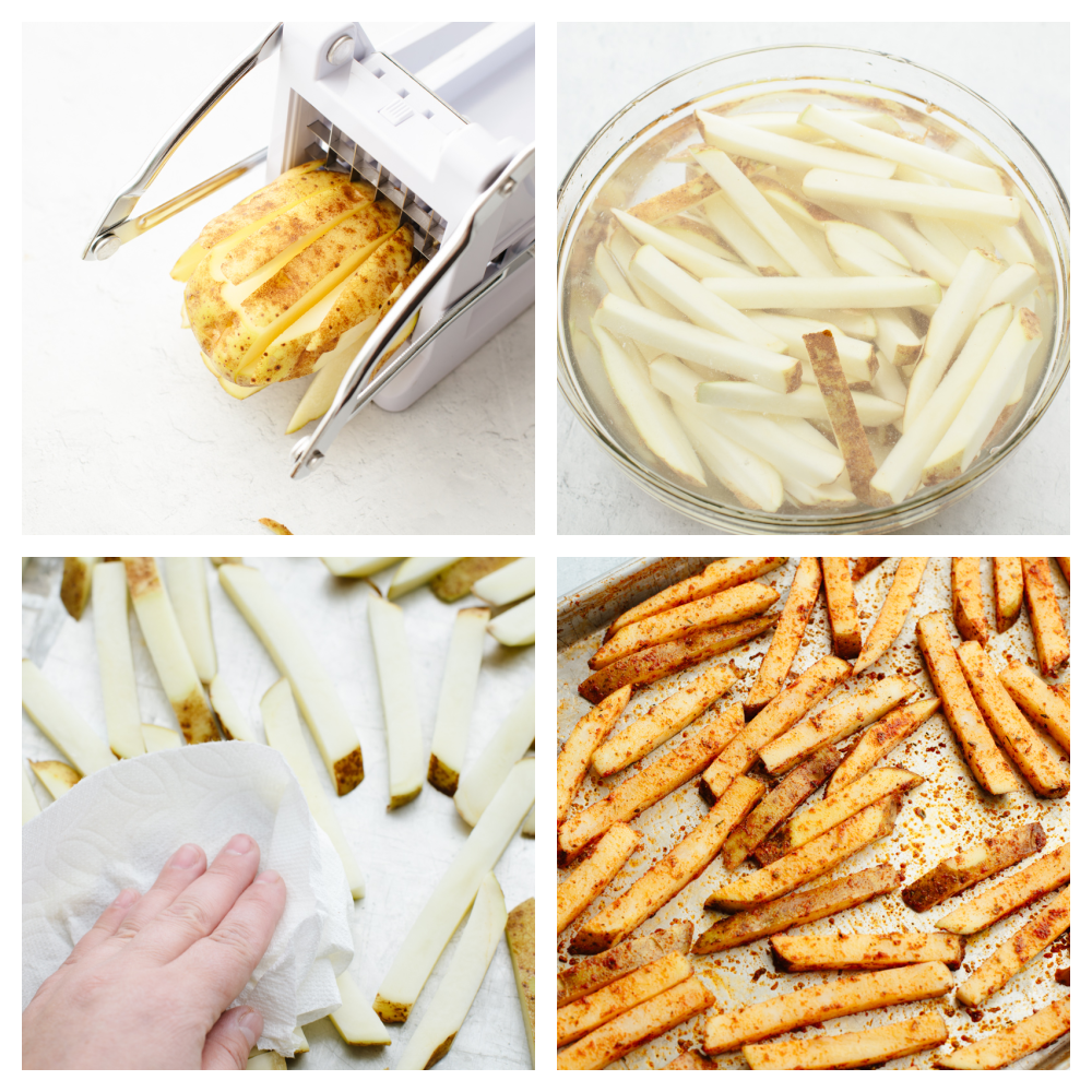 Cajun fries are baked to absolute perfection! With a delicious, spicy taste and crispy texture, I don't think that they get much better than this! 4 pictures showing potatoes being sliced, soaked and seasoned.