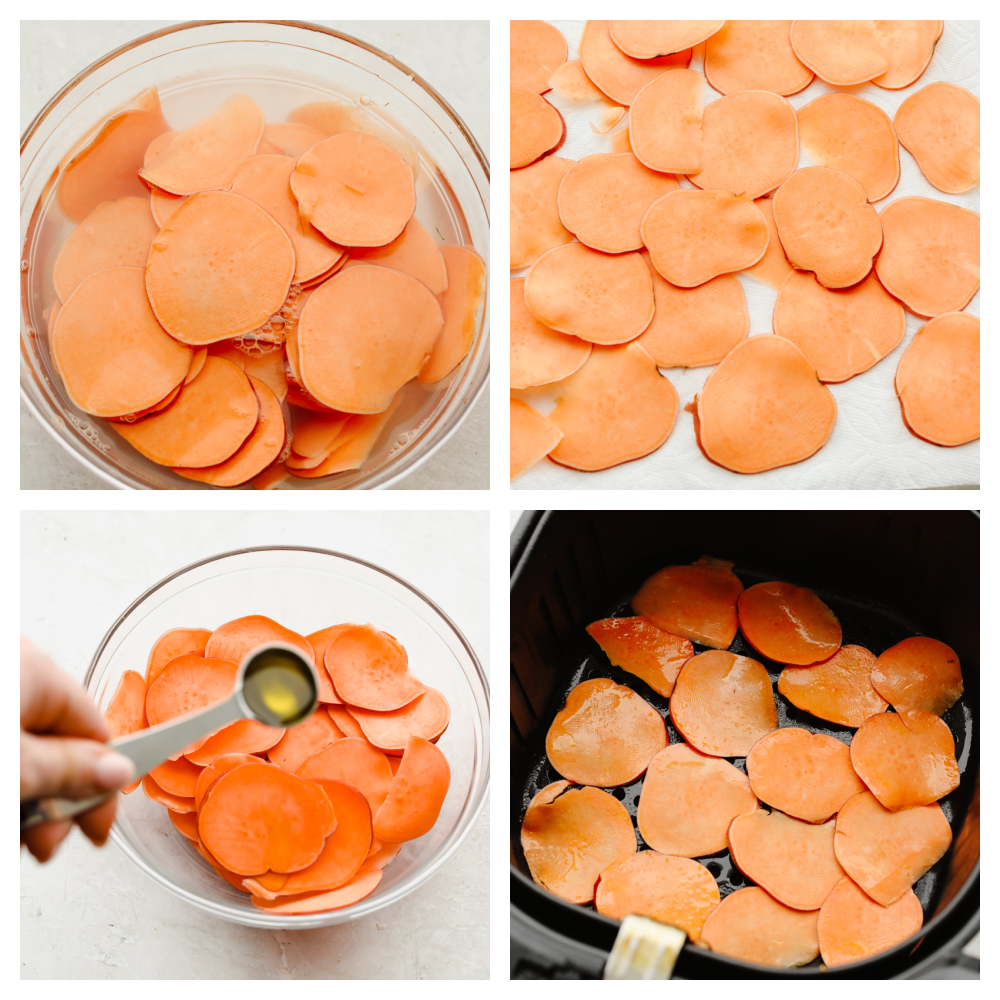 Air fryer sweet potato chips are the most delicious, crunchy snack! They are SOO good and much healthier than the store-bought version! This homemade favorite is something you can munch on all day long! 4 images showing how to slice and season sweet potatoes.