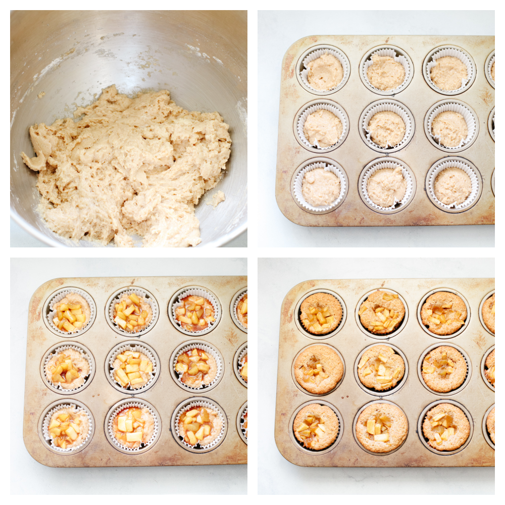 Apple pie cupcakes are a twist on a classic dessert. They are moist, delicious and with fresh apple pie filling in the middle, they give you JUST the right amount of texture! 4 pictures showing how to make the cupcake batter and apple pie filling.