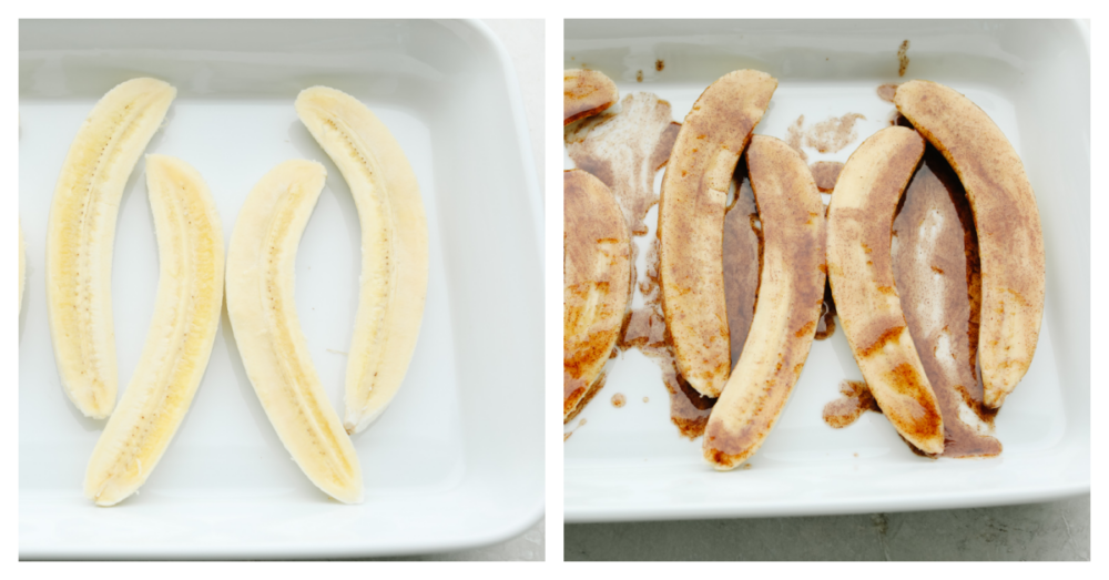 Baked bananas are deliciously sweet with a touch of cinnamon and honey! They are baked to perfection and I love nothing more than a dessert that's easy AND made with fruit! 2 pictures showing how to slice and flavor bananas.