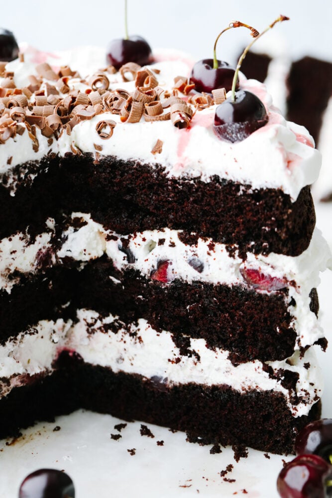 Black forest cake is just as beautiful as it is delicious! Topped with cream, cherries, and beautifully curled chocolate, this cake is a total show stopper! It will definitely get a "WOW!" out of your guests! A black forest cake that has a slice taken out of it, showing the inside!