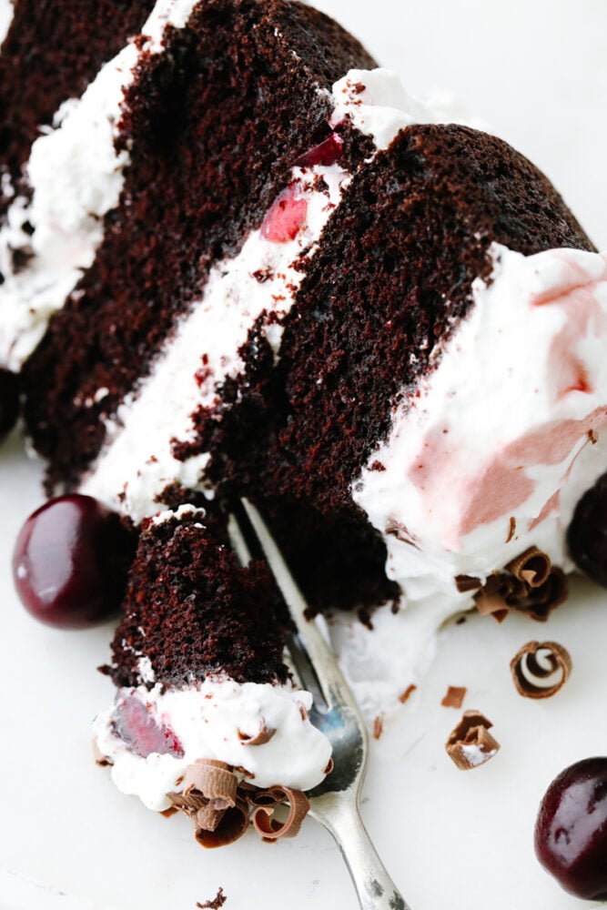 Black forest cake is just as beautiful as it is delicious! Topped with cream, cherries, and beautifully curled chocolate, this cake is a total show stopper! It will definitely get a "WOW!" out of your guests! A slice of cake being cut with a fork.