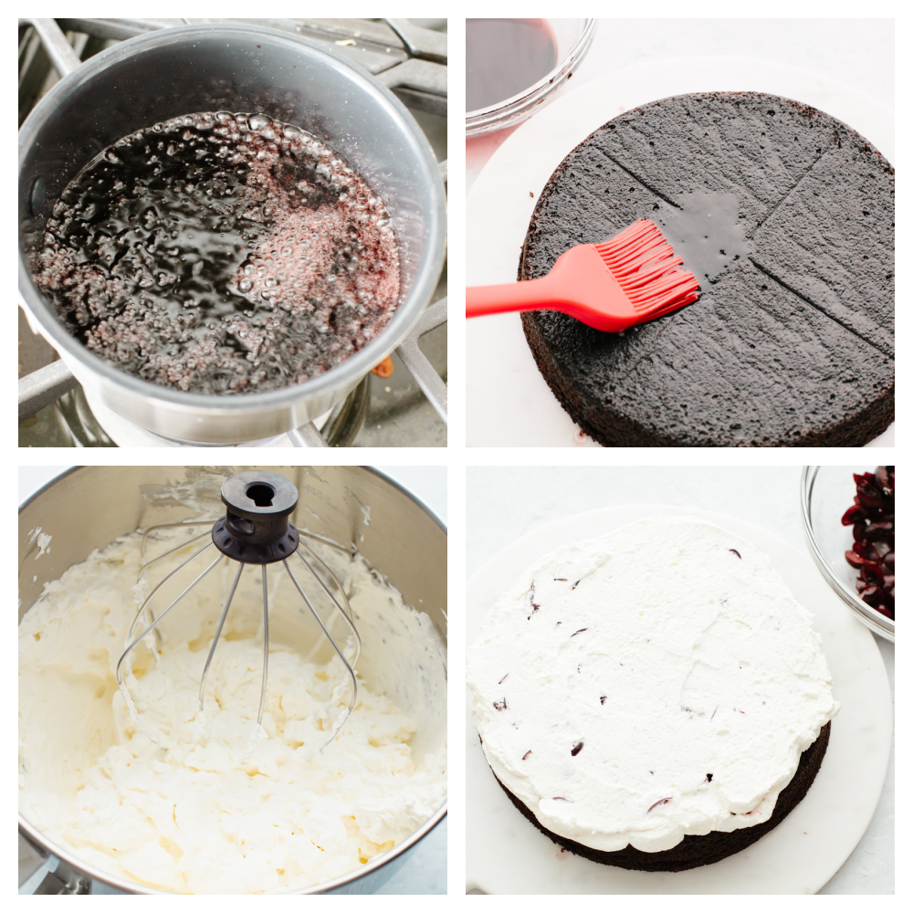 Black forest cake is just as beautiful as it is delicious! Topped with cream, cherries, and beautifully curled chocolate, this cake is a total show stopper! It will definitely get a "WOW!" out of your guests! 4 pictures showing step by step how to make a cake.