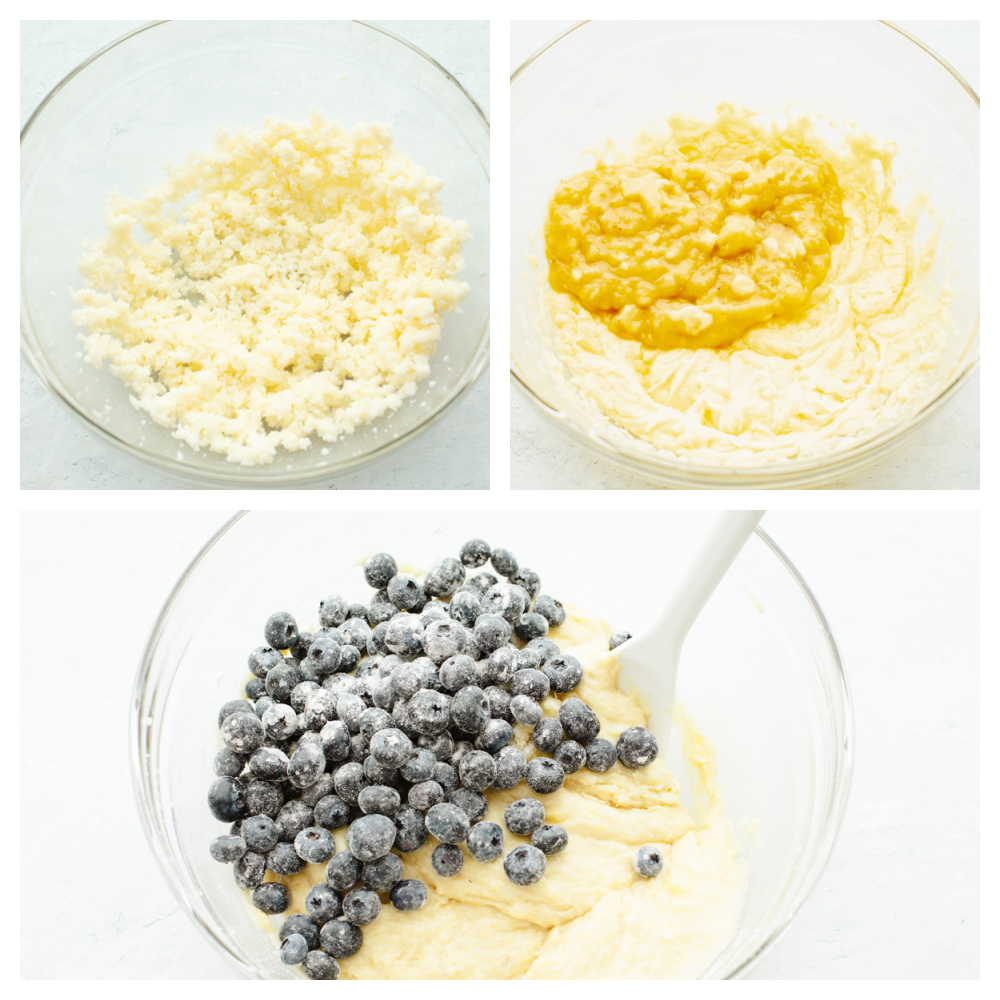 This staple blueberry banana bread recipe has the perfect combination of bananas and fresh blueberries. It is so moist, delicious, andย super simple to make! Process shots of making bread dough and tossing blueberries in flour.