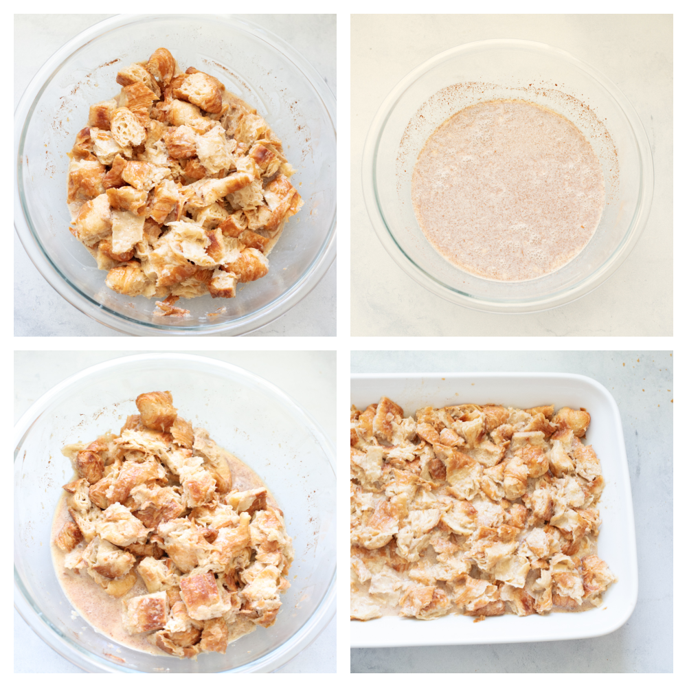 Croissant bread pudding is the perfect breakfast food! Drizzled with a creamy, vanilla sauce, this soft bread pudding is so amazing that you won't want to stop at just one piece! 4 images showing how to make croissant bread pudding.
