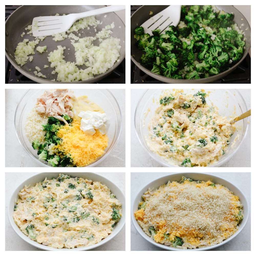Broccoli and rice chicken casserole is a delicious, easy, family-friendly dish! It is creamy and filled with flavors that perfectly complement each other! You will love it! 6 pictures showing how to mix ingredients to make a casserole.
