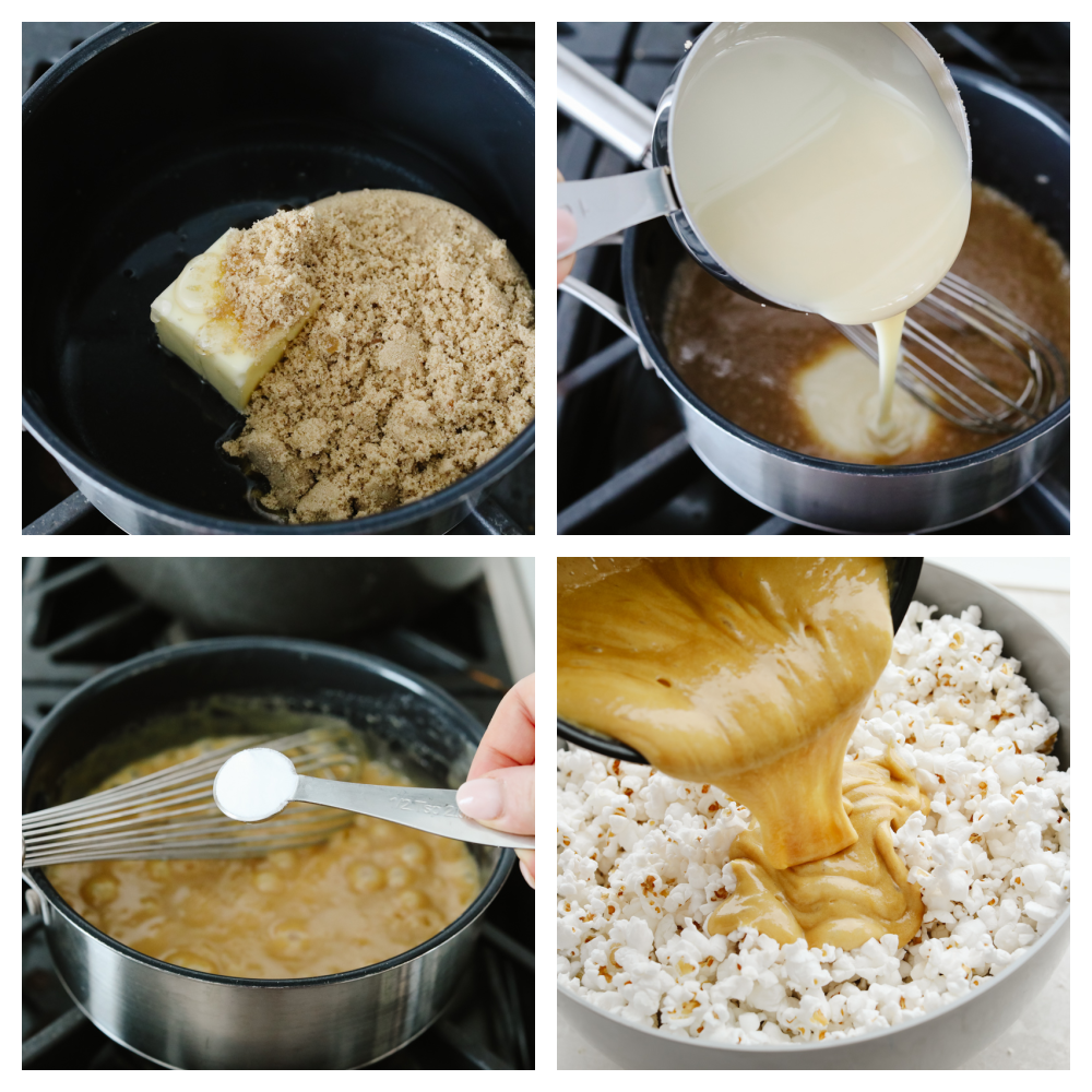 Crunchy caramel corn is absolutely divine! This classic crunchy snack delivers on that deep, rich caramel flavor that we all know and love! Eat it at home or on the go...Either way, you're going to be hooked! 4 pictures showing how to cook caramel and add it to popcorn.