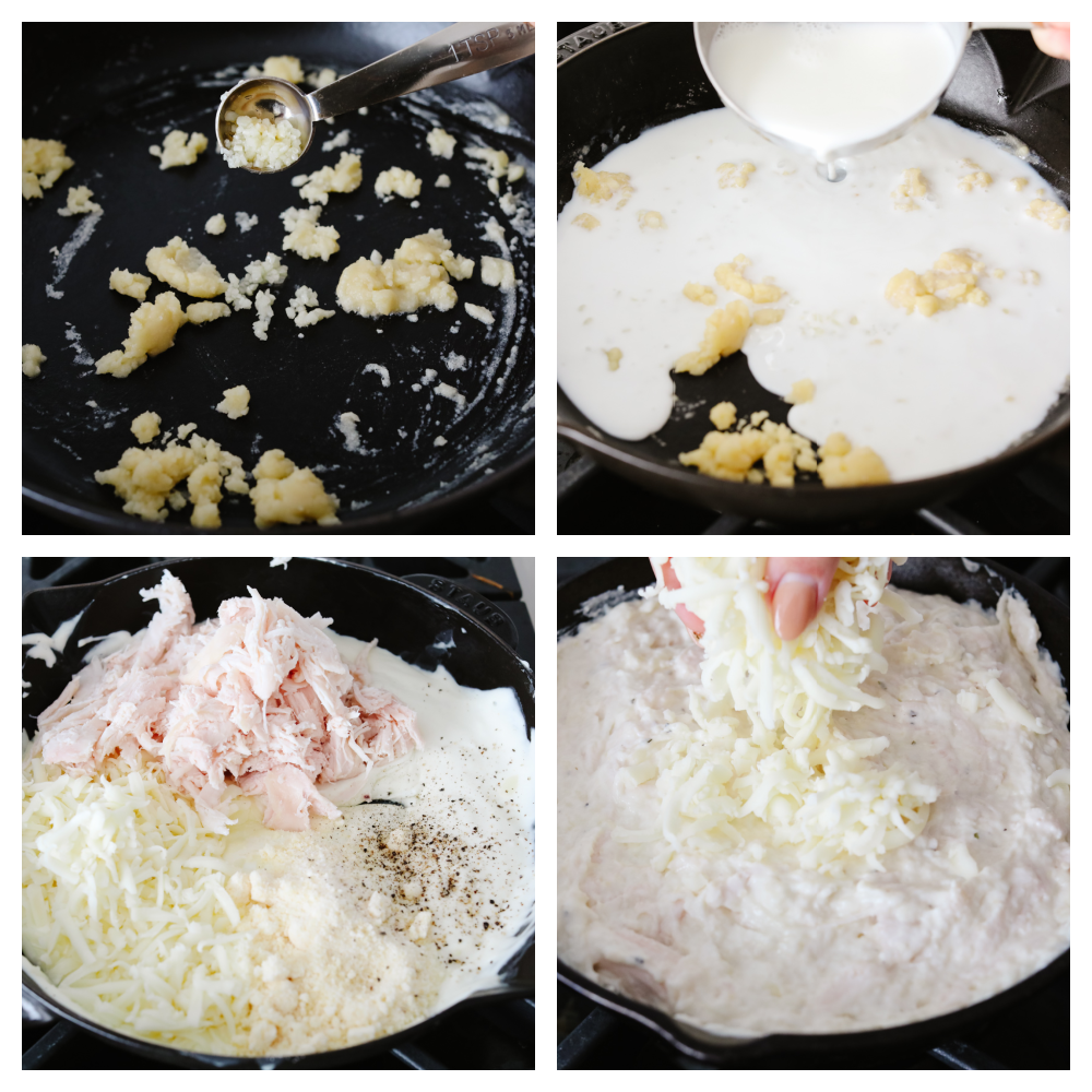 This chicken alfredo dip is out of this world! Itโs creamy, cheesy, loaded with chicken, AND made from scratch! It's perfect for an appetizer or a delicious side dish! 4 pictures showing step by step pictures of how to make dip.