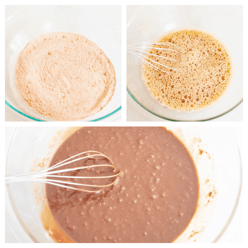 Chocolate cake is a classic, must-have recipe for every occasion! It is moist and delectable and the chocolate flavor is absolutely incredible! 3 pictures showing how to whisk ingredients together.