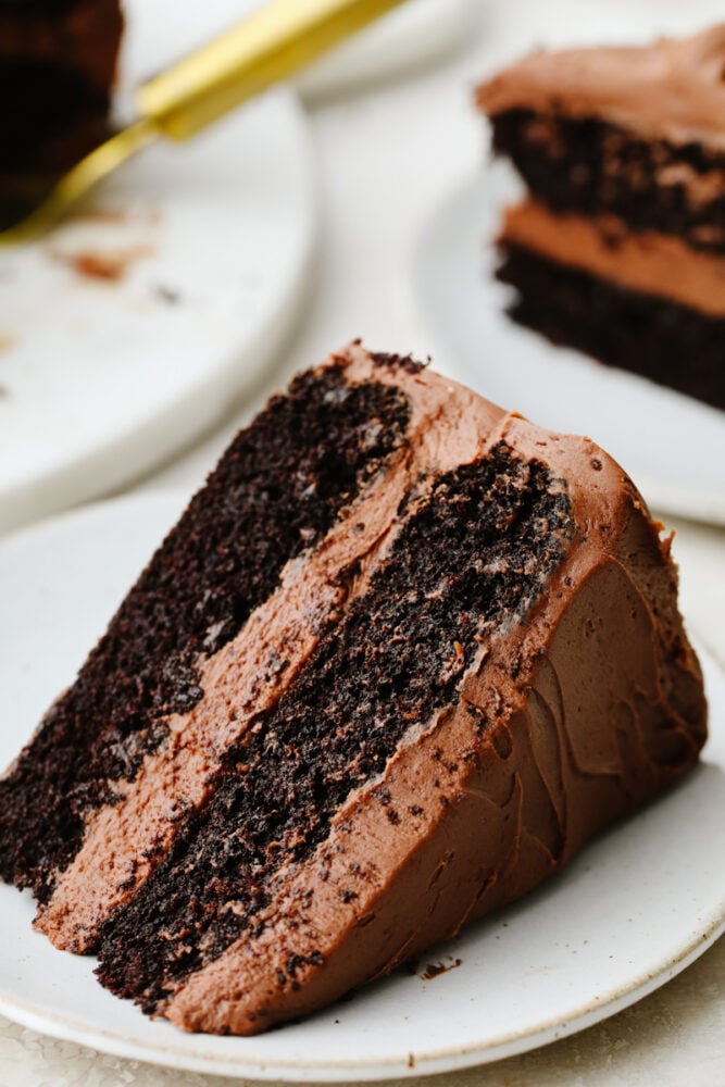 Chocolate cake is a classic, must-have recipe for every occasion! It is moist and delectable and the chocolate flavor is absolutely incredible! Slice of chocolate cake.