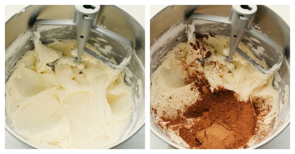 This chocolate cream cheese frosting is rich, smooth, and ready to enhance all of your desserts! It only takes 15 minutes of prep and a few super simple ingredients to create chocolatey perfection. Process shots of mixing cocoa powder together with cream cheese.