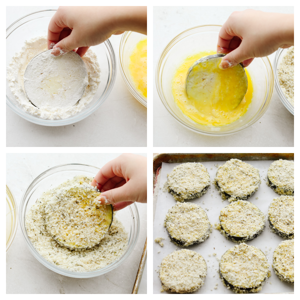 Eggplant parmesan is a tangy, crispy, cheesy masterpiece! Delicious eggplant covered in a delightful mix of herbs and spices, this recipe will knock your socks off! 4 pictures showing how to properly coat eggplant.