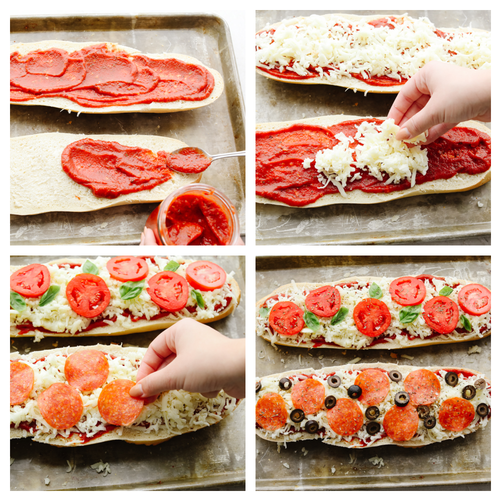 French bread pizza is quick, easy, AND delicious! Topped with all of your favorite things, this simple pizza delivers amazing taste! It's definitely a winner! 4 pictures showing steps on how to make a French bread pizza.