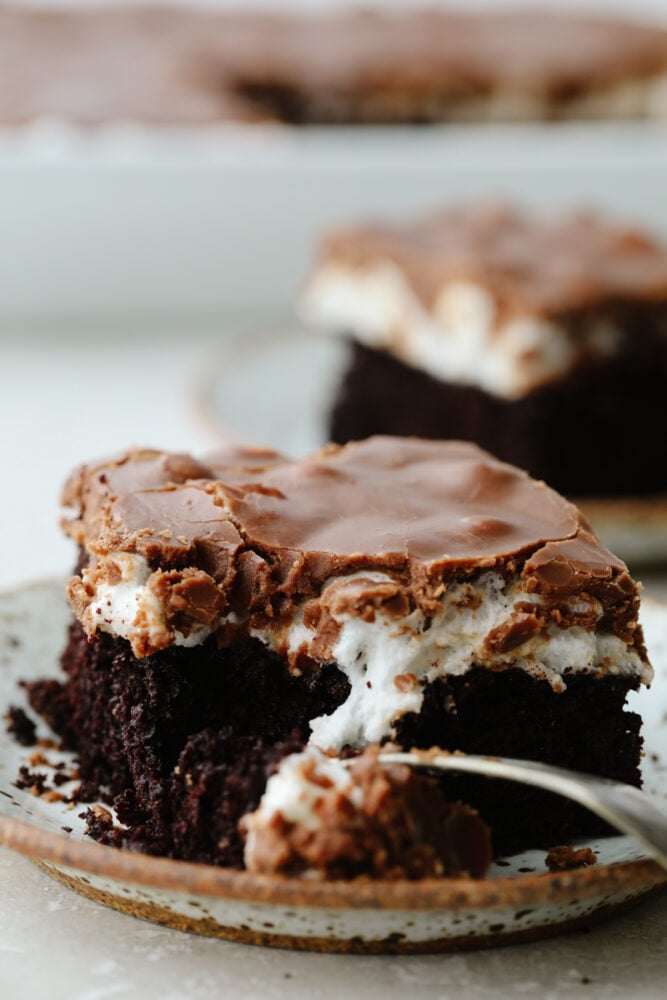 Mississippi mud cake is a delicious, ooey-gooey cake that is perfectly moist. It is absolutely amazing! And let me warn you now... you won't be able to stop after just one piece! Mississippi mud cake being cut into with a fork.