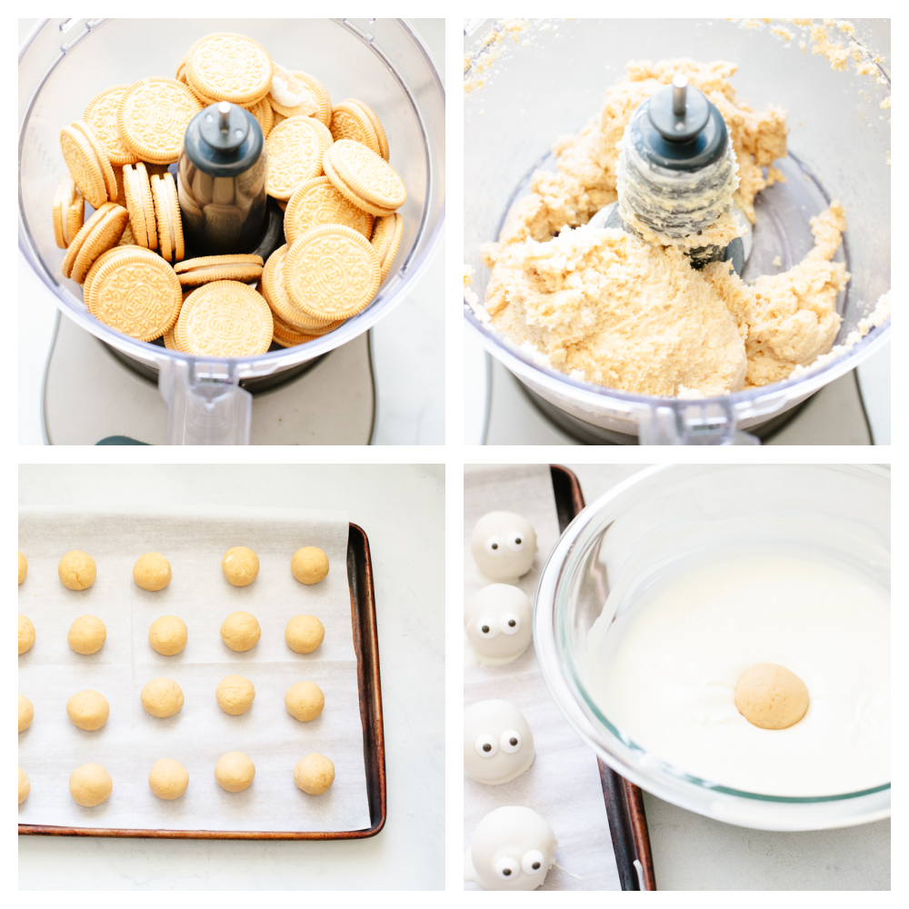 Mummy cookie bites are a ghoulish and festive treat for the Halloween season! Amazingly delicious, the white chocolate mixed with the oreo truffle is the perfect combination! 4 step by step pictures showing how to mix up the oreo truffles and dip them.