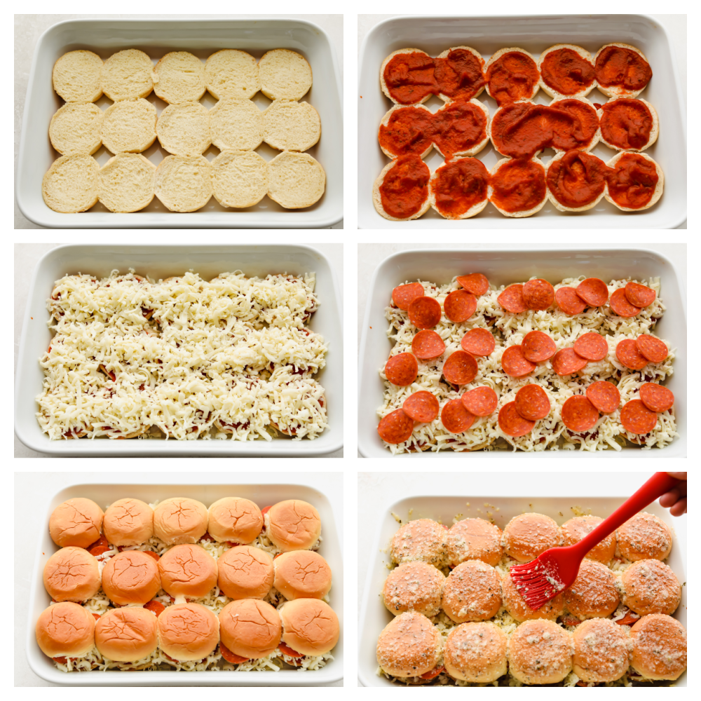 These pizza sliders are about to become your new favorite appetizer. Brushed with a buttery Italian seasoning glaze and filled with all of your favorite pizza toppings, each bite is truly irresistible! Process shots of preparing sliders and adding toppings.