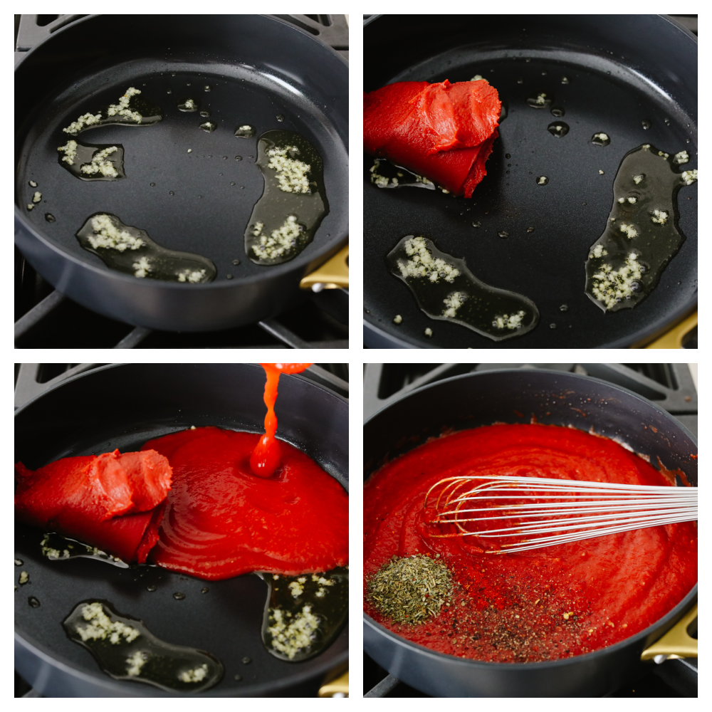 Using homemade pizza sauce is the perfect way to level up your pizzas! It's loaded with sautรฉed garlic, fresh herbs, and only takes 5 minutes to make! Process shots of adding tomato paste, garlic, and seasonings into a saucepan.