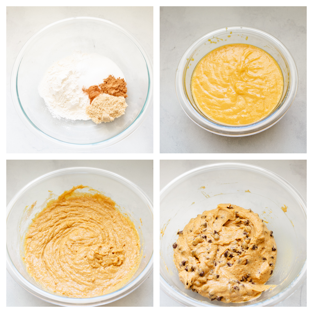 Pumpkin chocolate chip muffins are moist, chocolatey, and topped off with a sprinkling of sugar! The spices and pumpkin puree flavors make these perfect for cooler weather! The process shots of how to make pumpkin chocolate chip muffins.