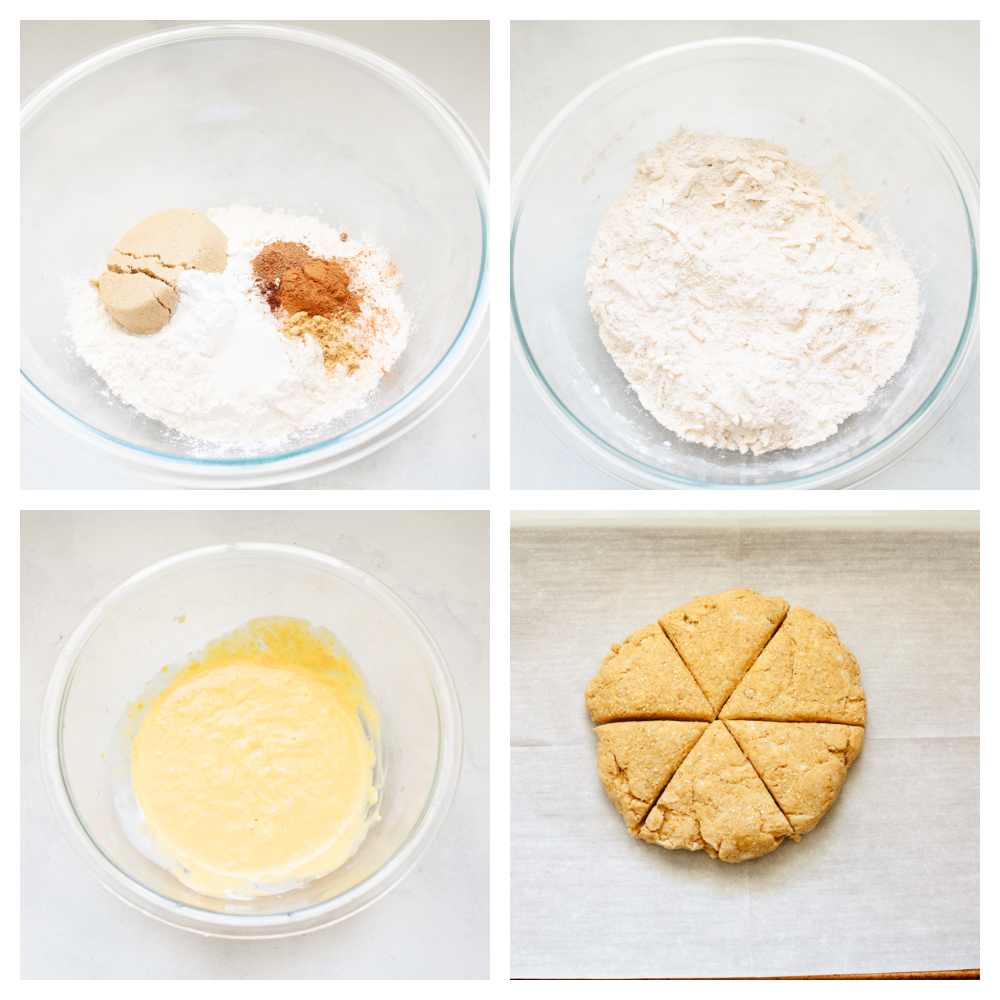 Pumpkin scones are absolutely mouthwatering and delicious! Filled with pumpkin flavor and drizzled with cinnamon icing, this is a breakfast option that you won't be able to pass up! 4 pictures showing how to make pumpkin scone dough.