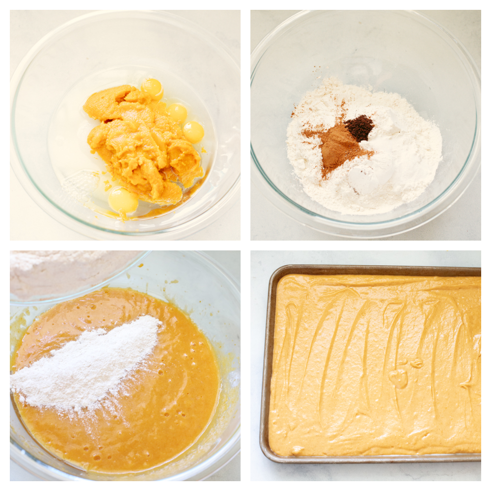 Pumpkin spice sheet cake not only tastes amazing but it feeds a crowd! Top it with some tangy cream cheese frosting and you have yourself a dessert to remember! 4 images showing how to mix and ice a pumpkin spice sheet cake.